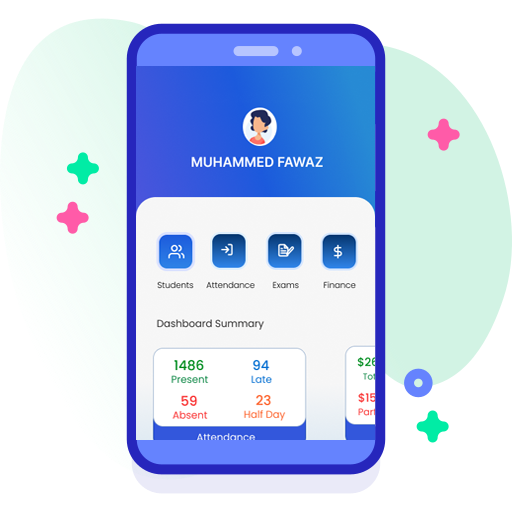Edumia mobile app attendance summary showing present, late, absent and half-day counts for the day