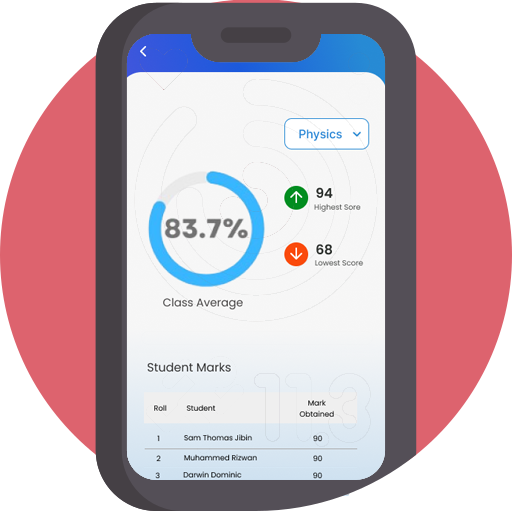 Edumia mobile app showing class average of 83.7% against a highest score of 94 and lowest of 68, with a student marks table